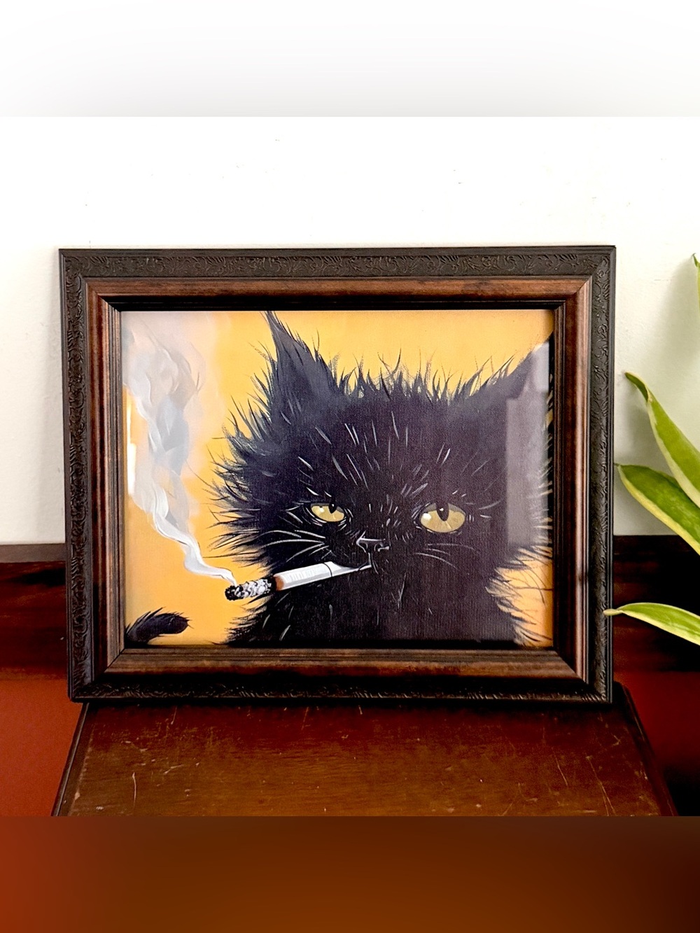 Disheveled Black Cat Smoking Cigarette Carved Faux Wood Framed Canvas Art Print